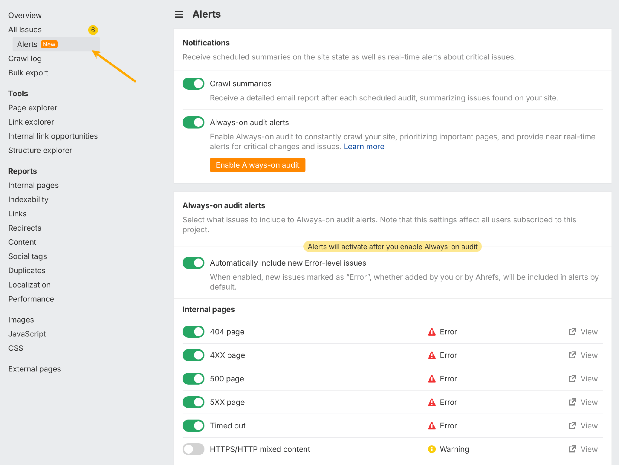 Setting up alerts in Site Audit. 