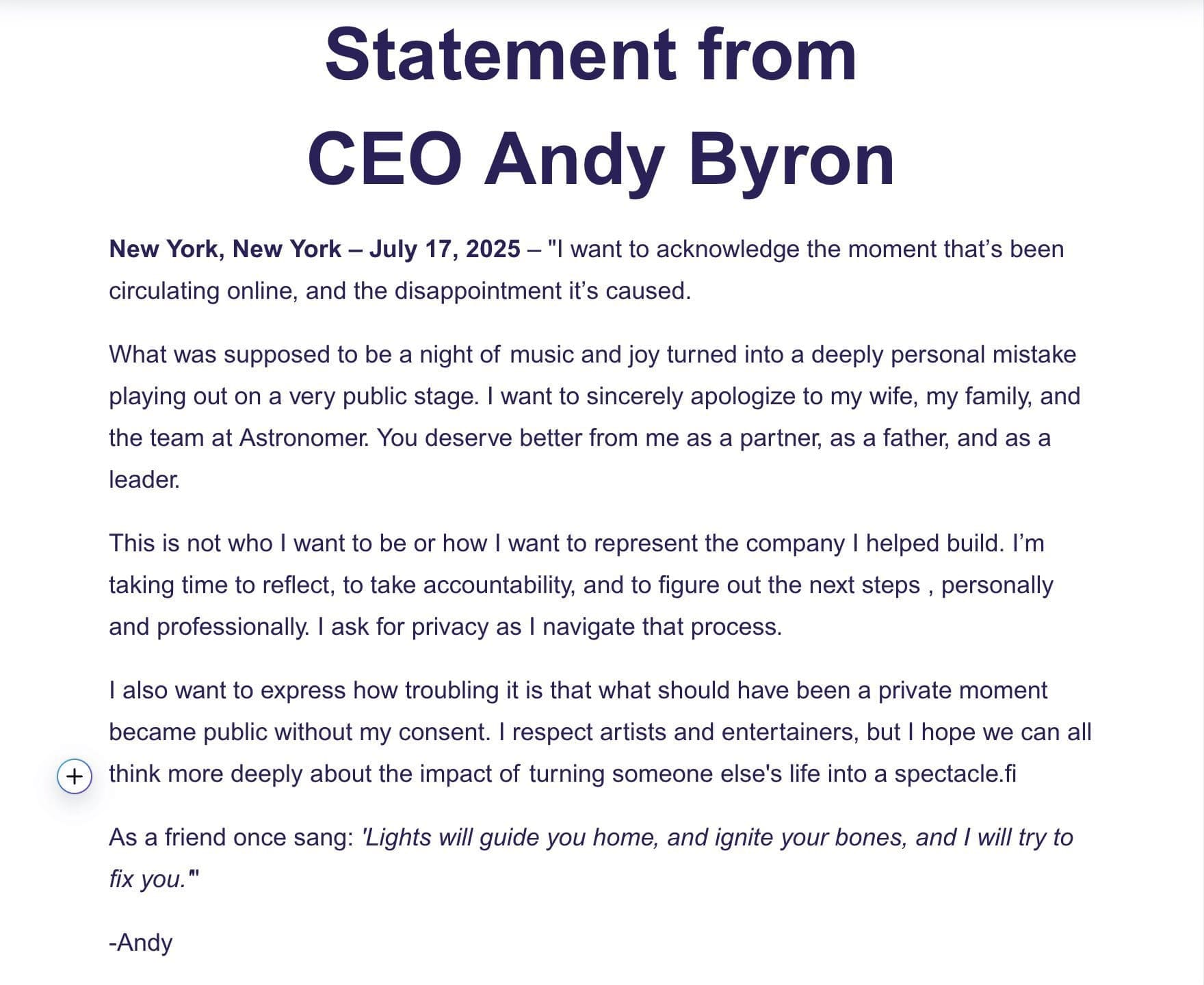 statement from Andy Byron