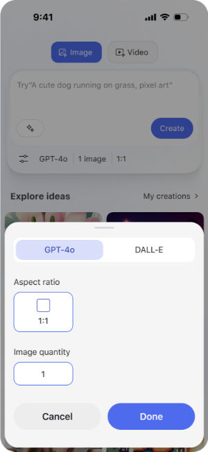 mobile experience of selecting a model for bing image creator