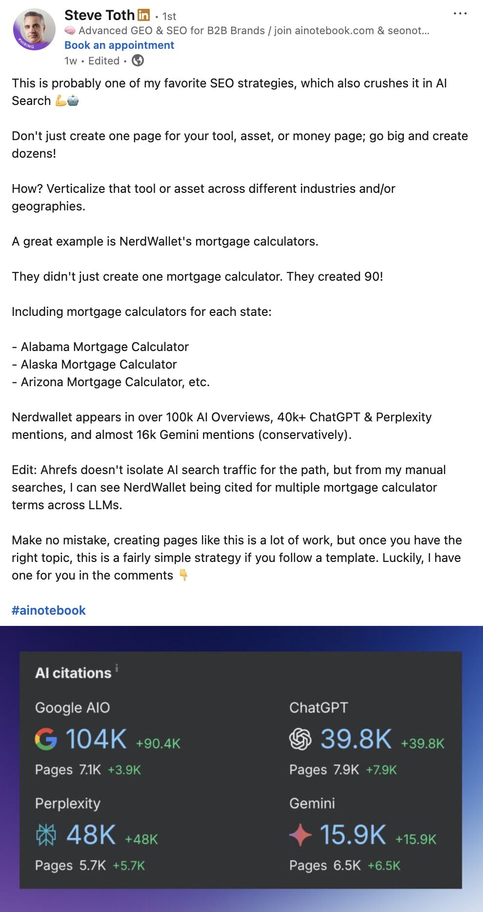 LinkedIn post by Steve Toth about SEO strategy showing NerdWallet's mortgage calculator approach. The post explains creating dozens of pages for tools/assets across different industries and geographies, citing NerdWallet's 90 mortgage calculators for each state. Below is a dark analytics dashboard showing "AI citations" with metrics for Google AIO (104K citations, 7.1K pages), ChatGPT (39.8K citations, 7.9K pages), Perplexity (48K citations, 5.7K pages), and Gemini (15.9K citations, 6.5K pages), all showing positive growth indicators.