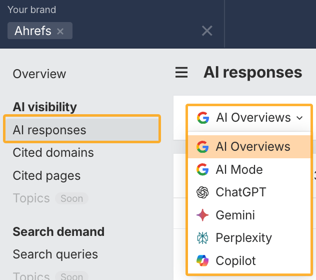 Navigating to AI responses in Ahrefs' Brand Radar and selecting from various AI prompt databases.