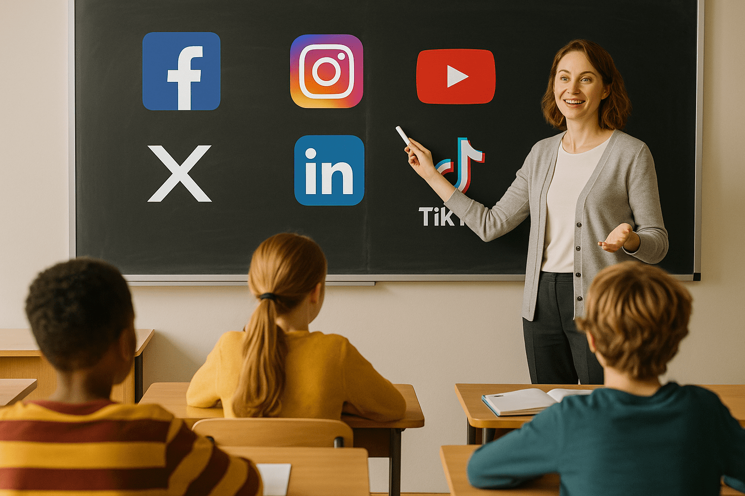 teacher teaching at blackboard with social media logos and students watching on.