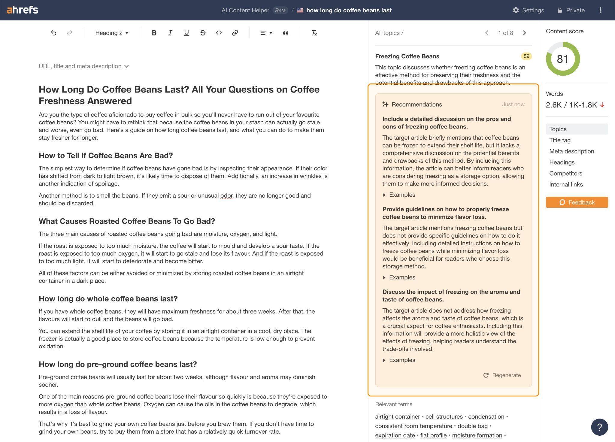 A screenshot of Ahrefs AI Content Helper interface, with the AI generated "Recommendations" section circled, which provides suggestions on how to fill topic gaps.