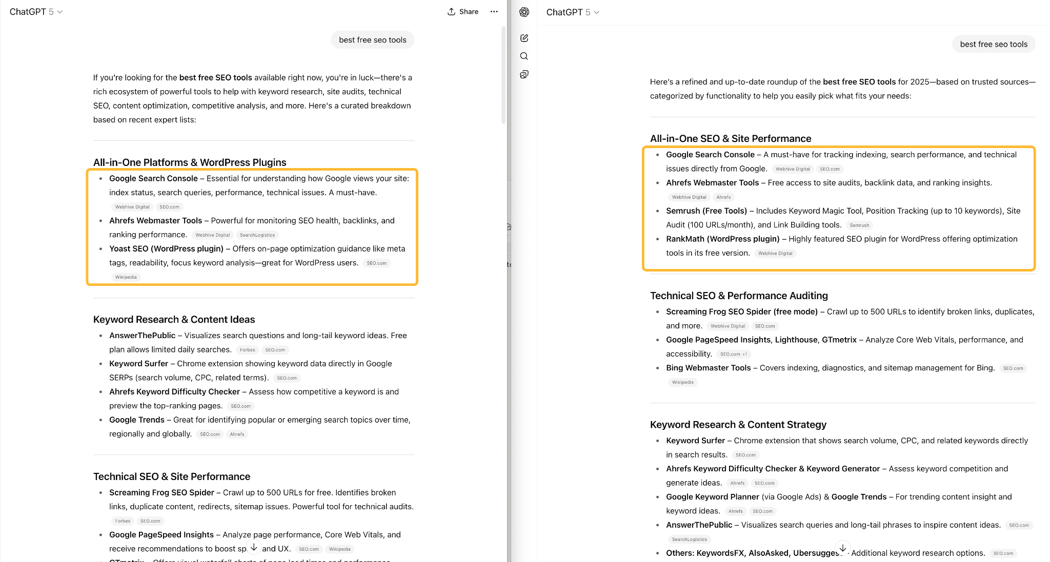 A screenshot showing two different responses from ChatGPT to the identical prompt "best free seo tools". The layout, categories, and specific tool recommendations differ between the two responses, highlighting AI's inconsistency. 