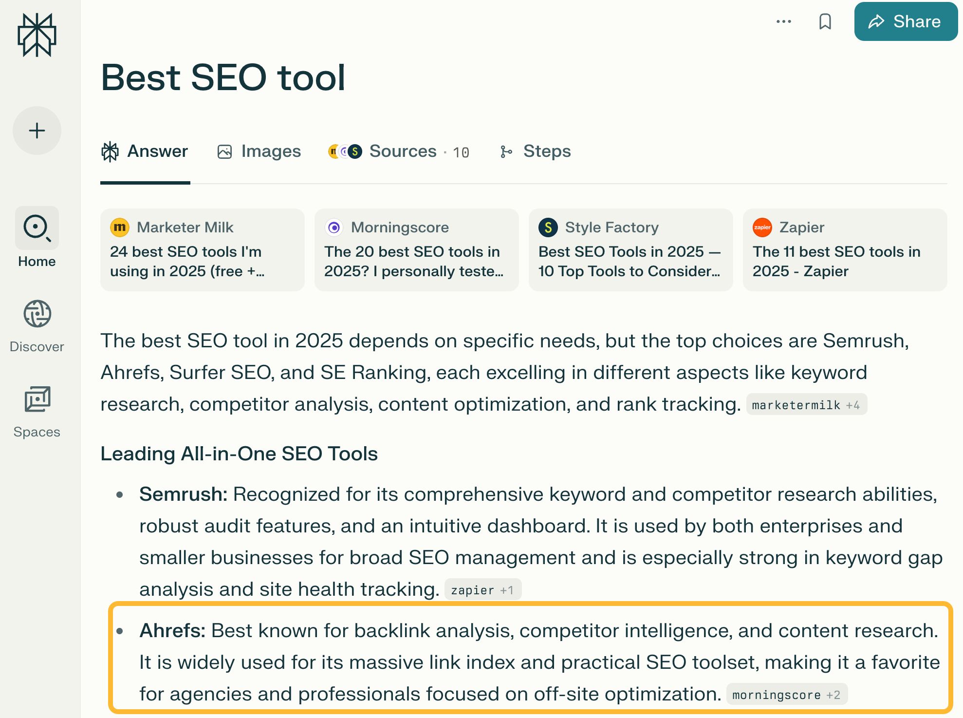 Perplexity mentions Ahrefs as the best SEO tool