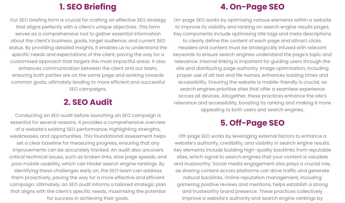 Screenshot of a webpage about SEO services that is a big block of text with minimal whitespace or visual hierarchy applied, creating a wall-of-text experience for the reader.