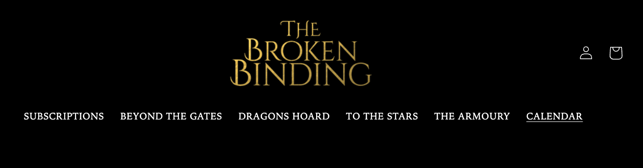 The Broken Binding's main menu containing items like "Beyond the Gates", "Dragon's Hoard", "To the Stars" and "The Armoury" which sound fun but make it very difficult for users to find what they're looking for on the website.