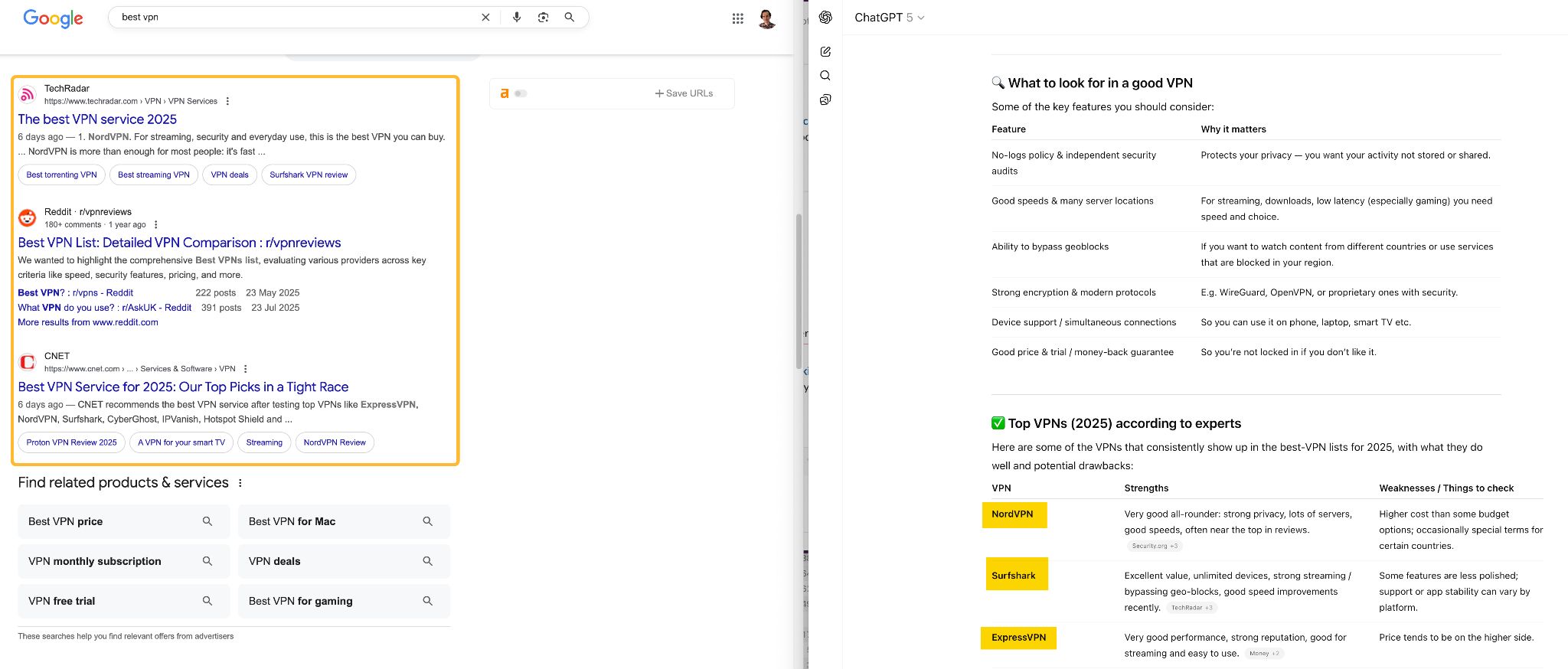 A side-by-side comparison of a Google search results page and a ChatGPT results page for the query "best vpn". The Google page shows a list of links, while the ChatGPT page provides a direct, summarized answer with a table comparing different VPN providers.