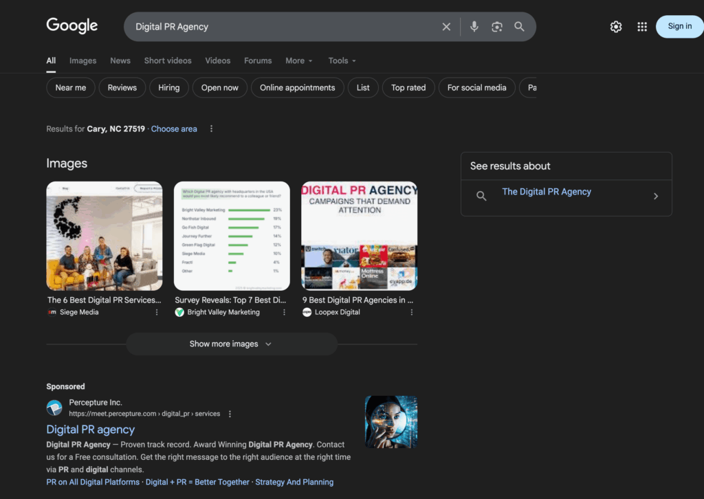 Screenshot of SERP taken by Cursor via Chrome DevTools MCP
