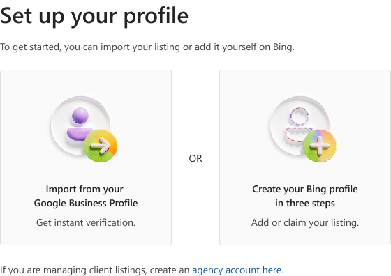 options to setup your profile in bing places for business