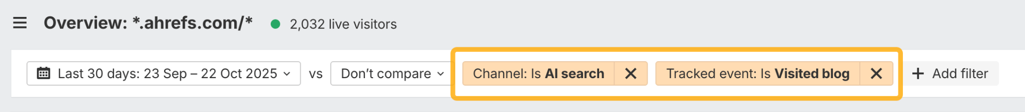 How to set up top-level filters in Web Analytics to measure conversion from AI citations for a specific event.