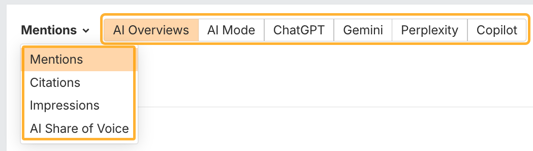 Ahrefs' Brand Radar settings to show metrics for a brand's metrics, citations, impressions or AI Share of Voice across various AI search platforms.