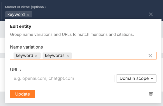 Searching for a topic in Ahrefs' Brand Radar and grouping name variations like "keyword" and "keywords" together.