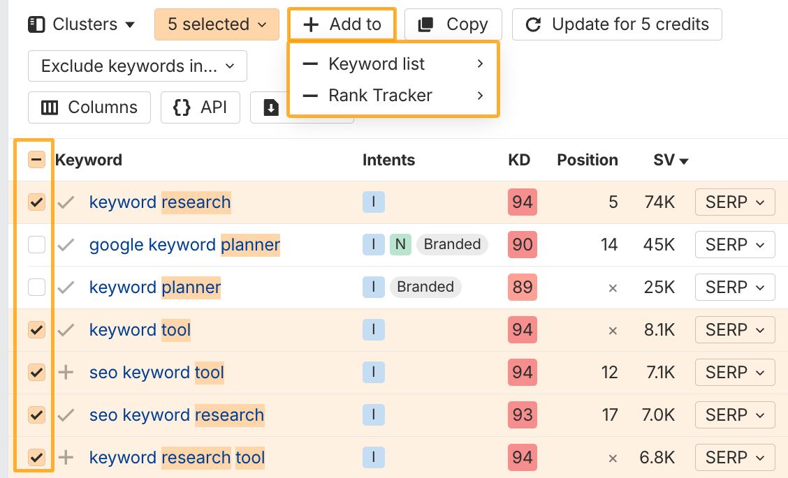 How to add keywords to a list or to Ahrefs' Rank Tracker to monitor performance over time.