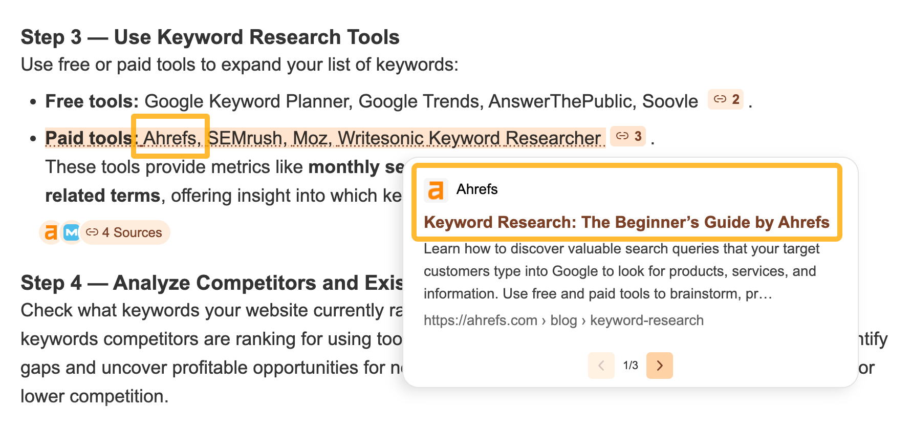Screenshot showing Ahrefs mentioned in the text and a citation link to an Ahrefs blog post in an overlaid popup.