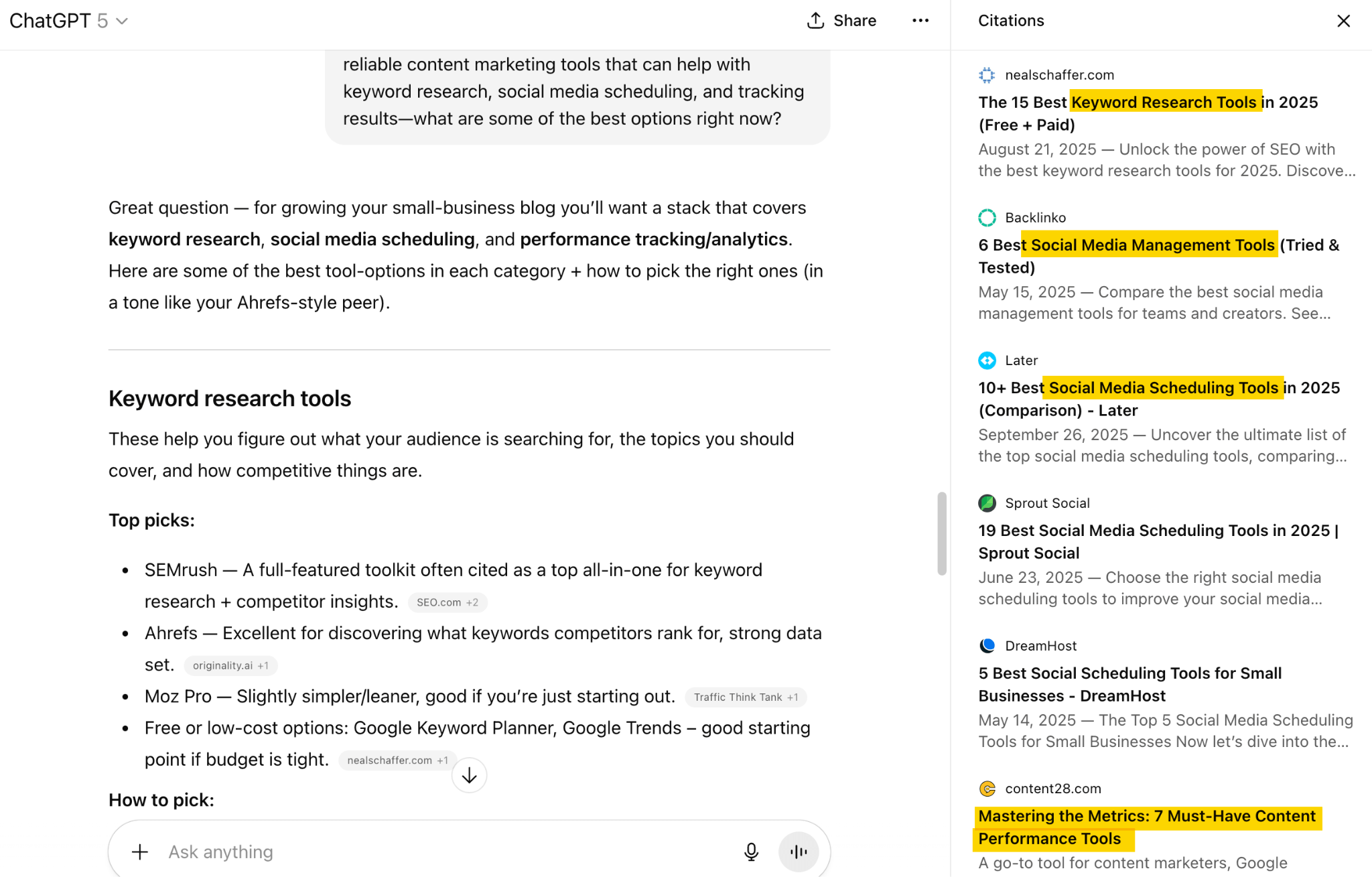 Screenshot of a complex ChatGPT 5 prompt about content marketing tools, with the AI response breaking down the answer by topics and citing multiple sources.