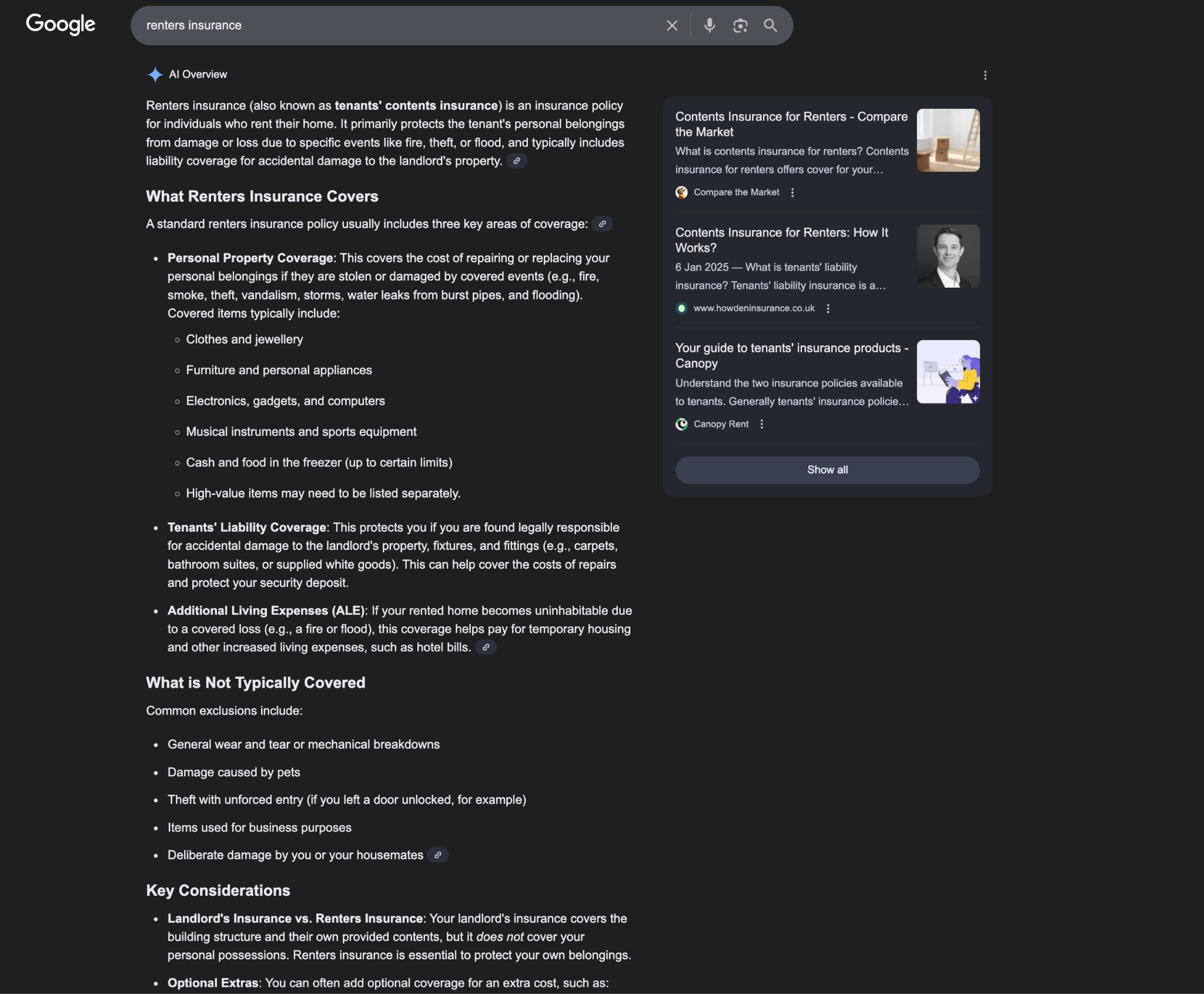 Google AI Overview for "renters insurance" in dark mode showing detailed coverage information including What Renters Insurance Covers section with bullet points for Personal Property Coverage, Tenants' Liability Coverage, and Additional Living Expenses, plus What is Not Typically Covered section.