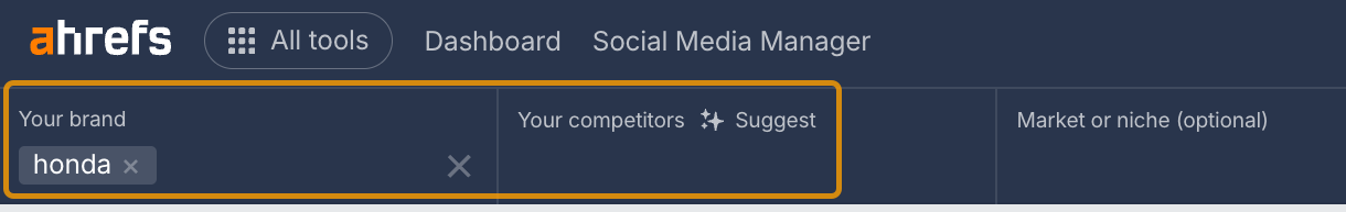 Searching competitors individually in Ahrefs' Brand radar.