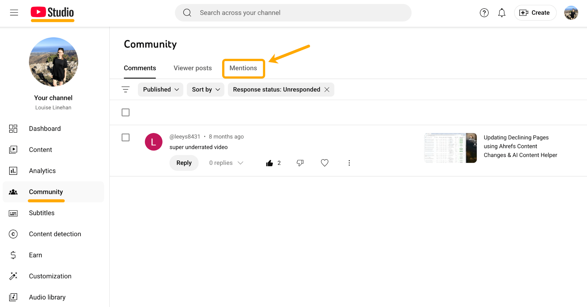 YouTube Studio Community tab showing Mentions section with arrow pointing to tab