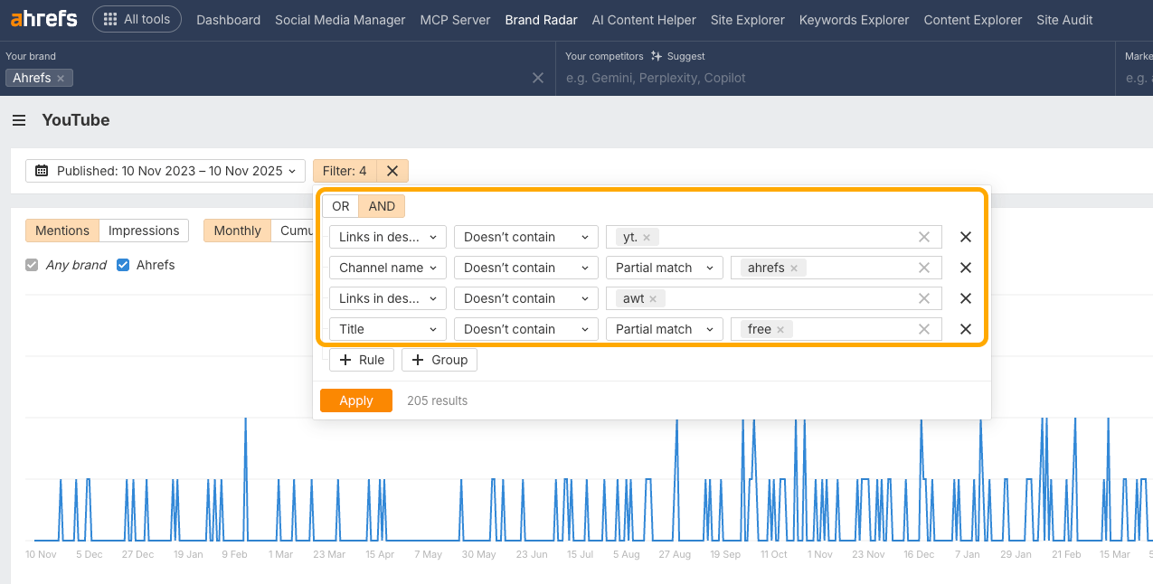 Ahrefs Brand Radar YouTube filter interface showing four filter rules to find comparison videos: excluding yt. links, Ahrefs channel, awt links, and 'free' in titles, yielding 205 results