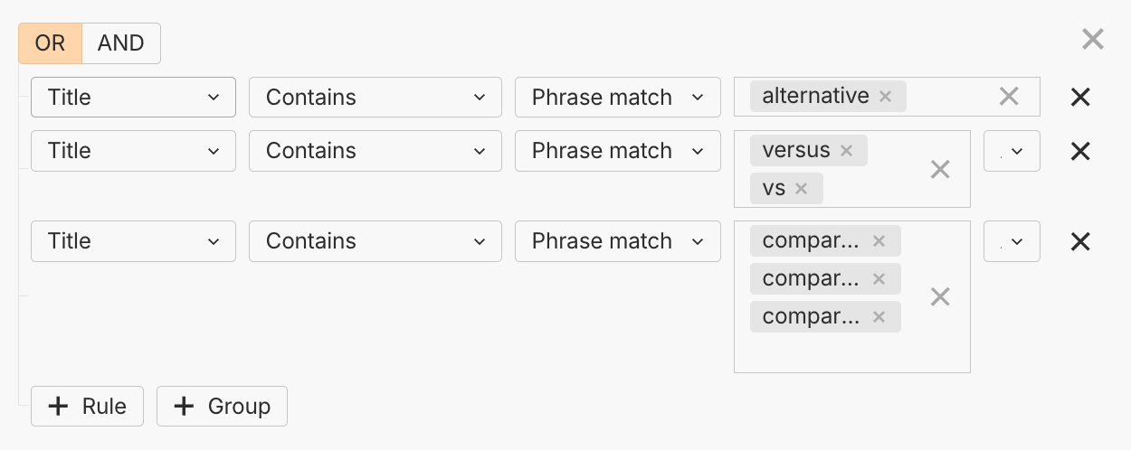 Ahrefs Brand Radar YouTube title filter searching for comparison video keywords: 'alternative', 'versus' or 'vs', and variations of 'comparison'