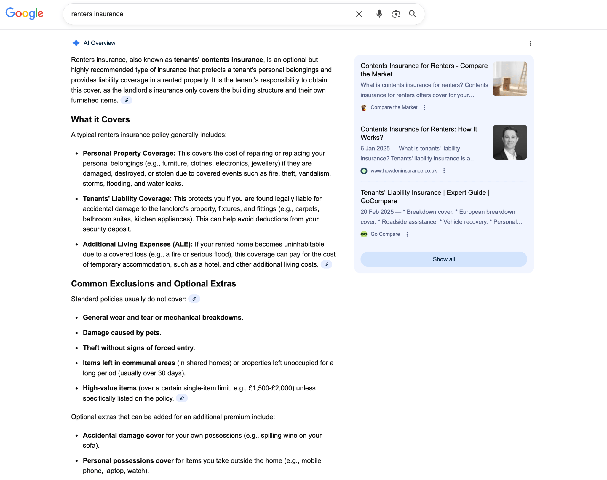 : Google search results page for "renters insurance" showing AI Overview with detailed explanation of coverage types including Personal Property Coverage, Tenants' Liability Coverage, and Additional Living Expenses, plus common exclusions and optional extras.